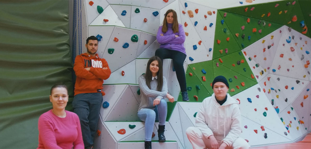 students in a climbing hall