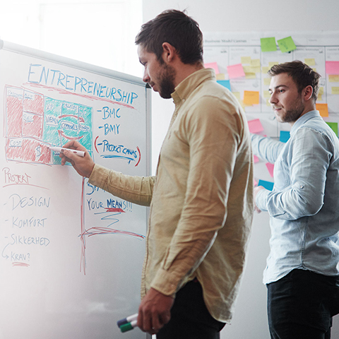 Two guys writing on a whiteboard.