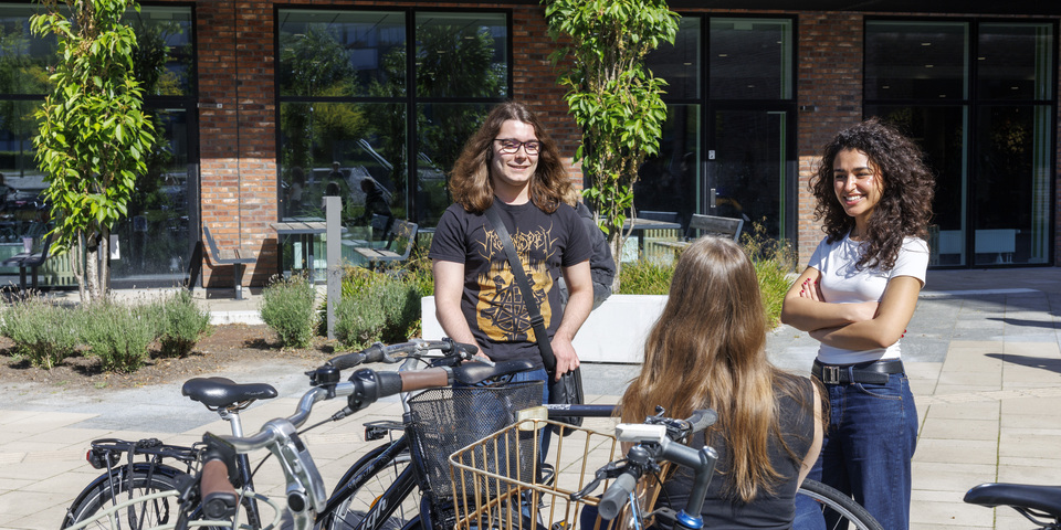 En gruppe studerende foran bygninger på campus Horsens, træer, blå himmel, cykler. 